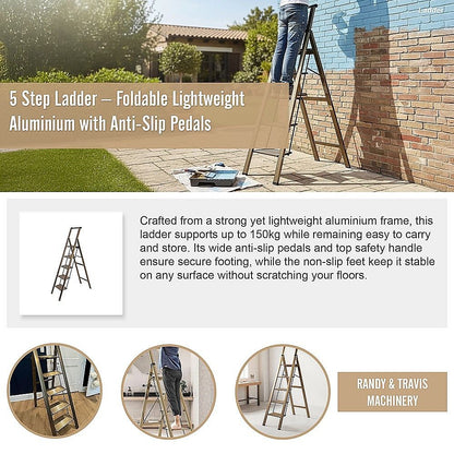 5 Step Ladder – Foldable Lightweight Aluminium with Anti-Slip Pedals