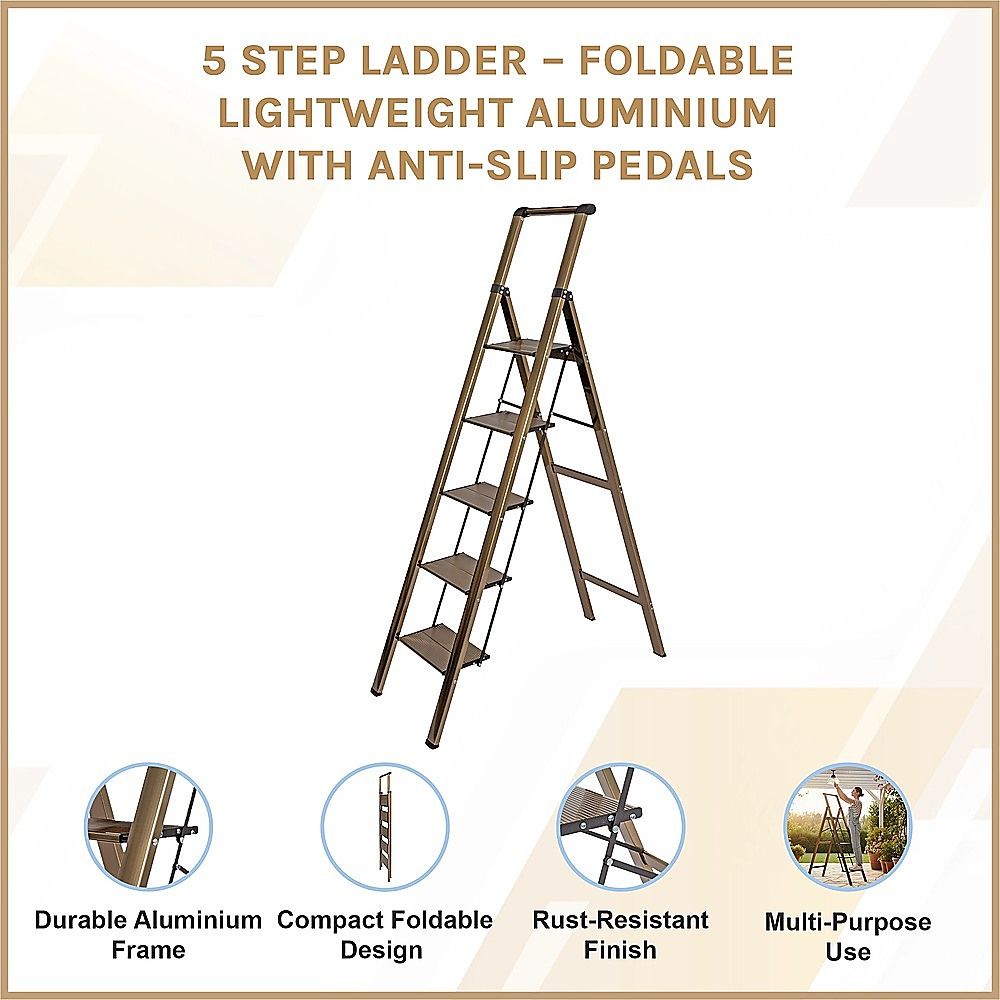 5 Step Ladder – Foldable Lightweight Aluminium with Anti-Slip Pedals