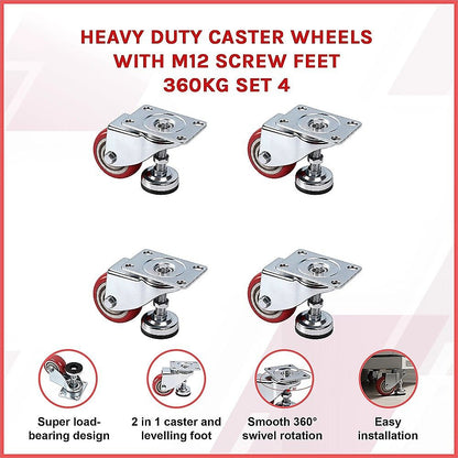 7.6cm Heavy Duty Caster Wheels With M12 Screw Feet 360kg Set Of 4