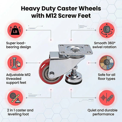 7.6cm Heavy Duty Caster Wheels With M12 Screw Feet 360kg Set Of 4