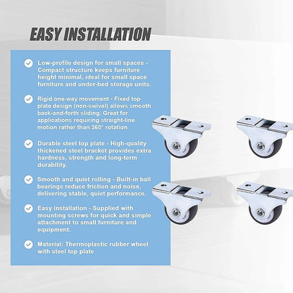 Mini Fixed Caster Wheels Rubber Low Profile Set 4