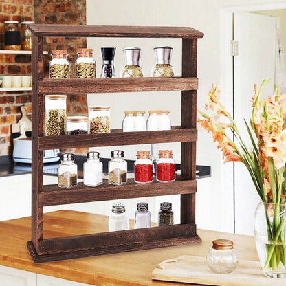 4 Tiers Rustic Wood Spice Rack Organizer Wall Mounted Kitchen Shelves Space Save