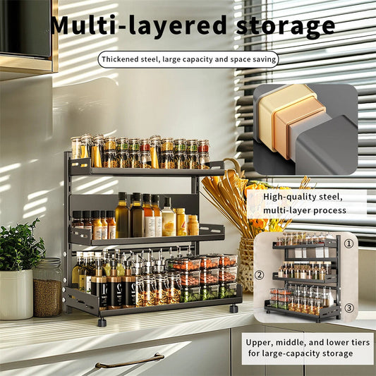 3-Tier Large Kitchen Spice Rack Anti-Rust Organizer Shelf, Height Adjustable Storage Rack AU
