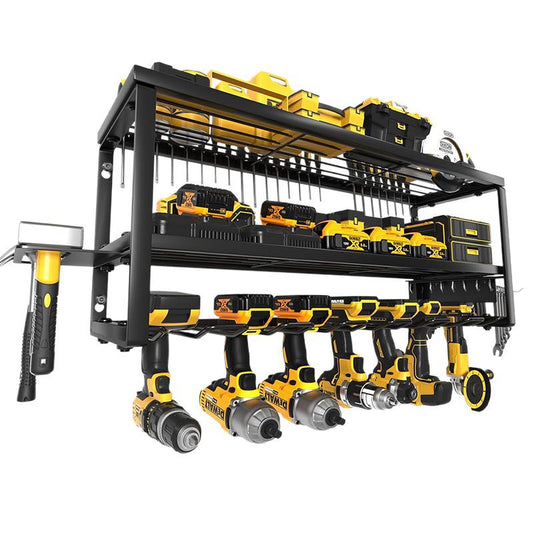 Heavy Duty Power Tool Organizer Wall Mount - 3-Tier Garage Storage Rack with Drill Holder, Screwdriver and Hammer Organizer - Extra Tall 200lbs Capacity High-Quality Steel Utility Shelf