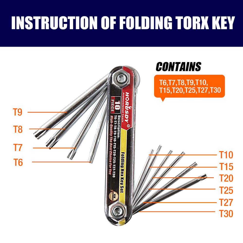 10-Piece Folding Torx Key Wrench Set - T6-T30 Star Keys, Portable Multi-Tool(silver)