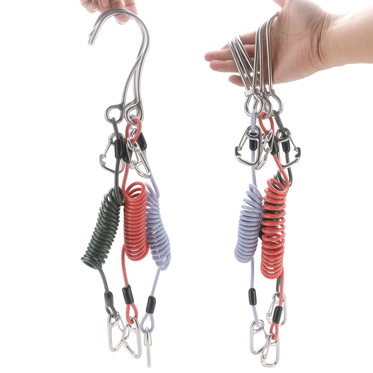 Green Pro 316 Stainless Steel Diving Reef Hook - Single, Double Combo Pack - Current Hook with Coiled Safety Lanyard