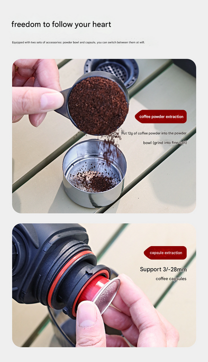 White Portable Hand Press Espresso Machine - Compatible with Espresso Capsules and Ground Coffee for Home, Travel, and Outdoor Use