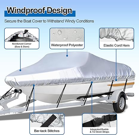 Black Heavy Duty Waterproof Tarp Covers with Storage Bag, Fits V-Hull, Fish&Ski, Pro-Style, Fishing, Runabout, Bass Boats, 17-19FT(600cm*310cm)