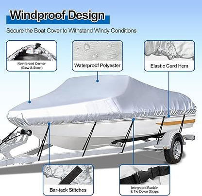 Grey Heavy Duty Waterproof Tarp Covers with Storage Bag, Fits V-Hull, Fish&Ski, Pro-Style, Fishing, Runabout, Bass Boats, 20-22FT(700cm*320cm)