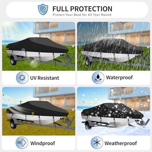 14-16ft Waterproof Boat Cover Trailerable V-Hull Runabout UV Resistant Marine Grade Storage Tarp with Straps (Black, 530cm x 290cm)