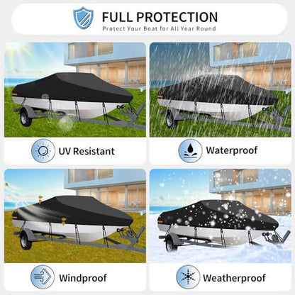 16-18ft Waterproof Boat Cover Trailerable V-Hull Runabout UV Resistant Marine Grade Storage Tarpaulin with Straps (Black, 570cm x 300cm)