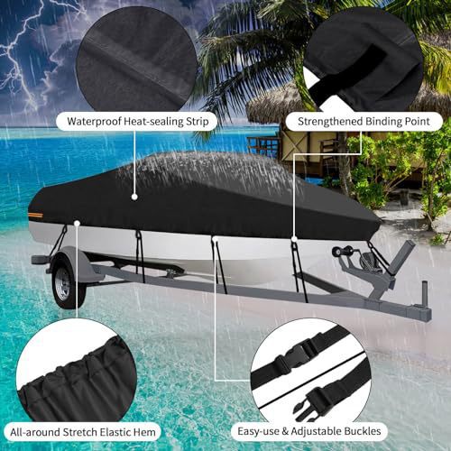 17-19ft Waterproof Boat Cover Trailerable V-Hull Runabout UV Resistant Marine Grade Storage Tarpaulin with Straps (Black, 600cm x 310cm)