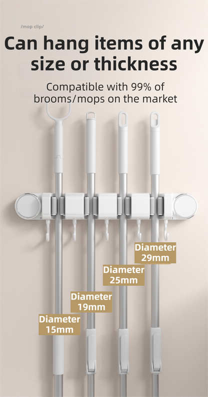 White Vacuum Suction Cup Mop & Broom Holder with 2 Roller Clips + 3 Hooks - Heavy Duty Waterproof Rack for Bathroom & Kitchen