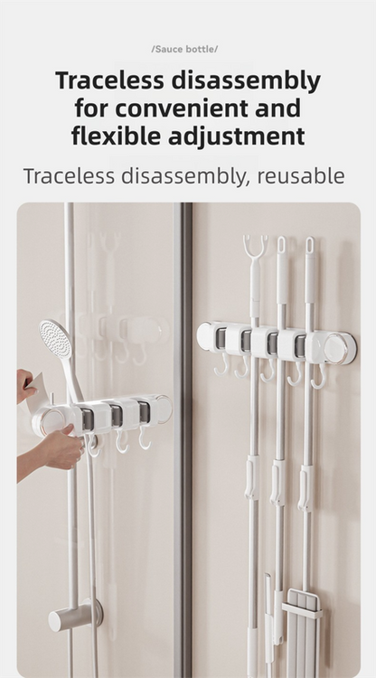 Grey Vacuum Suction Cup Mop & Broom Holder with 2 Roller Clips + 3 Hooks - Heavy Duty Waterproof Rack for Bathroom & Kitchen