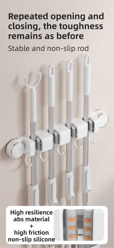 Grey Vacuum Suction Cup Mop & Broom Holder with 3 Roller Clips + 4 Hooks - Heavy Duty Waterproof Rack for Bathroom & Kitchen