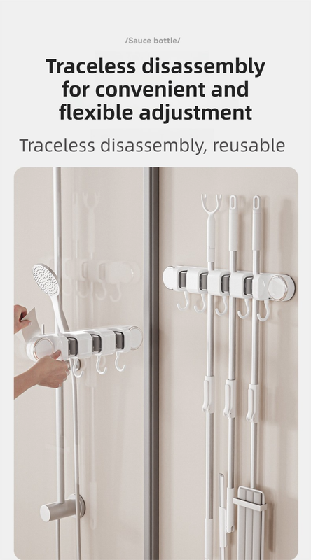White Vacuum Suction Cup Mop & Broom Storage Rack Combination(3-Size: 2 Clips + 3 Clips + 4 Clips) - Heavy Duty Waterproof Rack for Bathroom & Kitchen