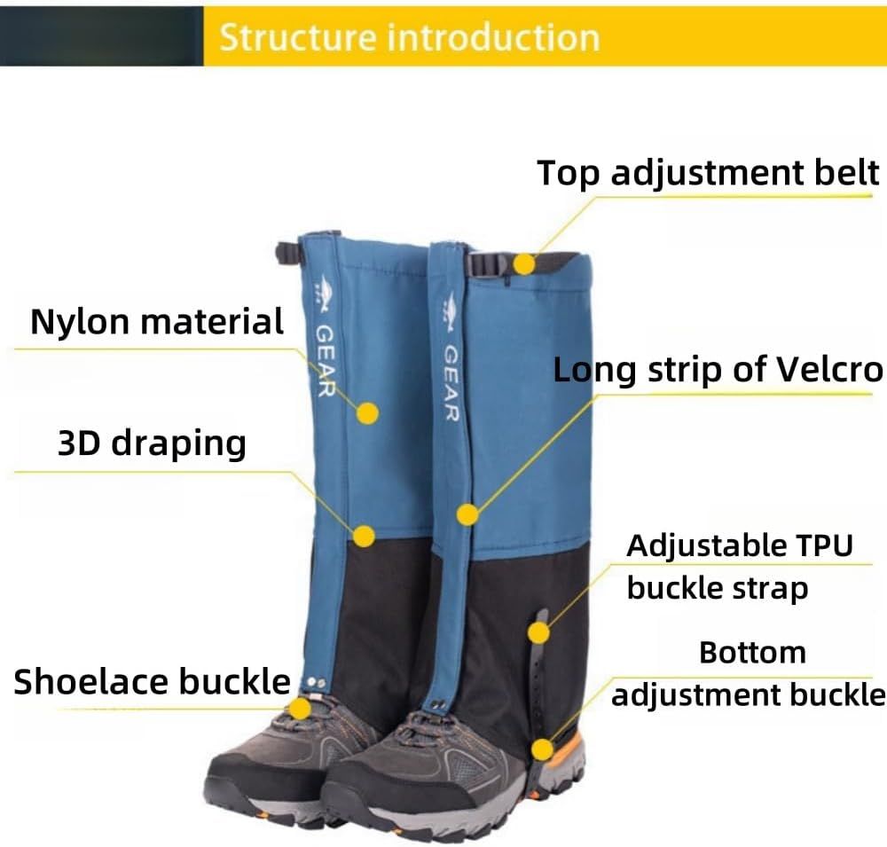 Black Breathable Nylon Waterproof Hiking Leg Gaiters and Snow Boot Gaiters (Fleece Lining) - Unisex Adjustable Sand & Mud Protection for Mountaineering & Desert Trekking, XL Size