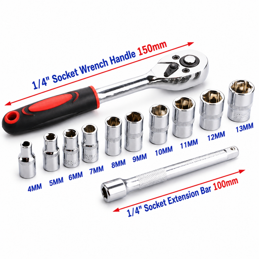 12PCS Portable 1/4 Inch Ratchet Socket Wrench Set - 10 Sizes Metric Socket Set, Quick Release Reversible Ratchet Wrench and Extension Bar for Car Repair Garage and Auto Maintenance