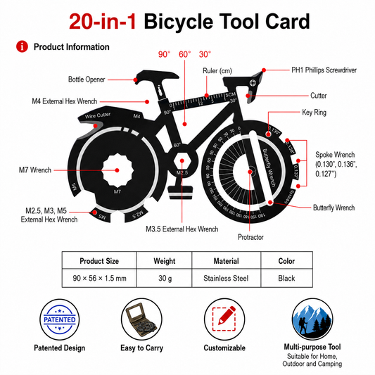 20-in-1 Bicycle Multi Tool Card Stainless Steel Bike Repair Tool with Wrench Screwdriver Spoke Wrench for Cycling Camping Outdoor Maintenance