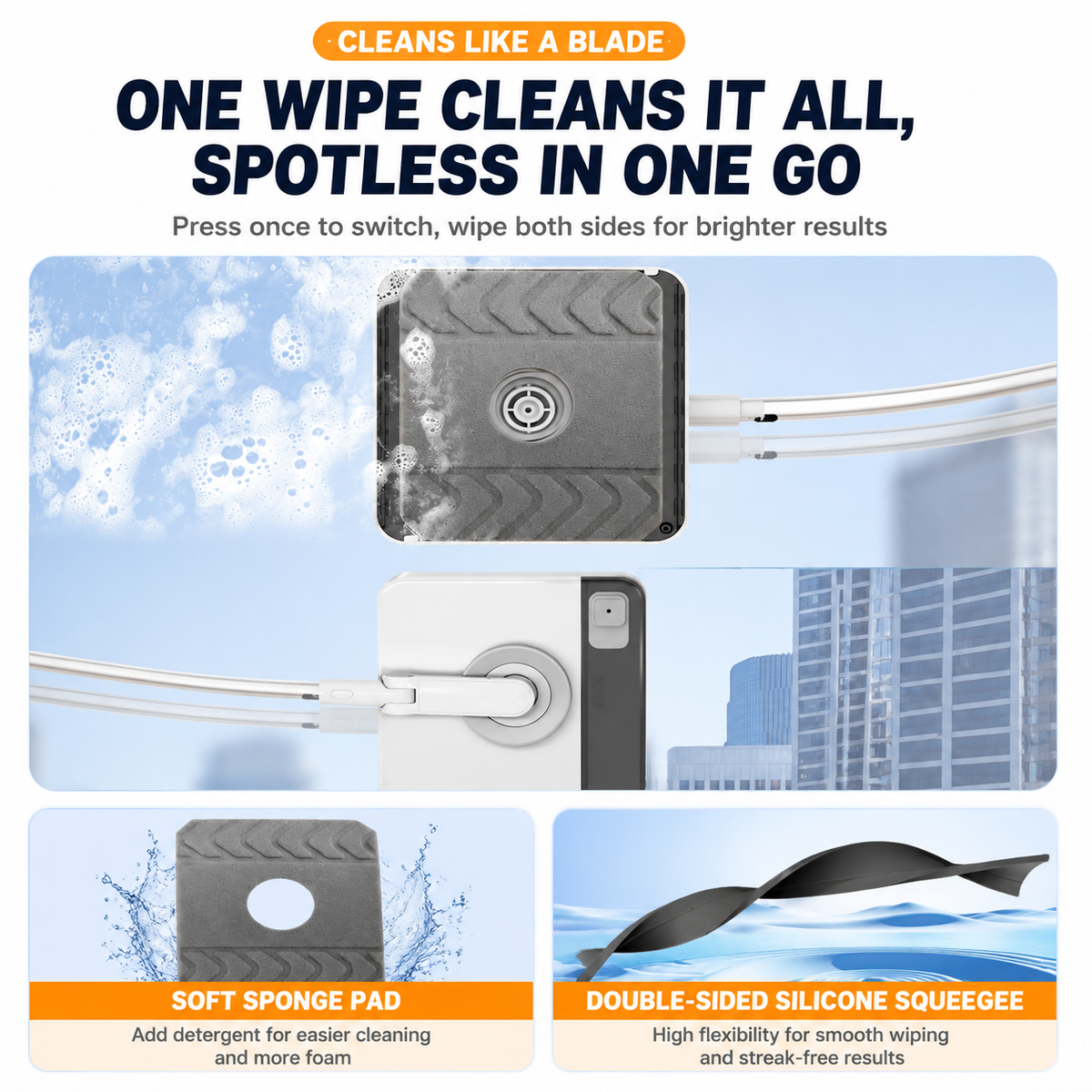 Lightweight Interior & Exterior Window Cleaner with 160CM Extendable Aluminium Pole & 8 Cleaning Pad - 2-in-1 360° Rotating Microfibre Scrubber and Squeegee for Most Household High Rise Windows