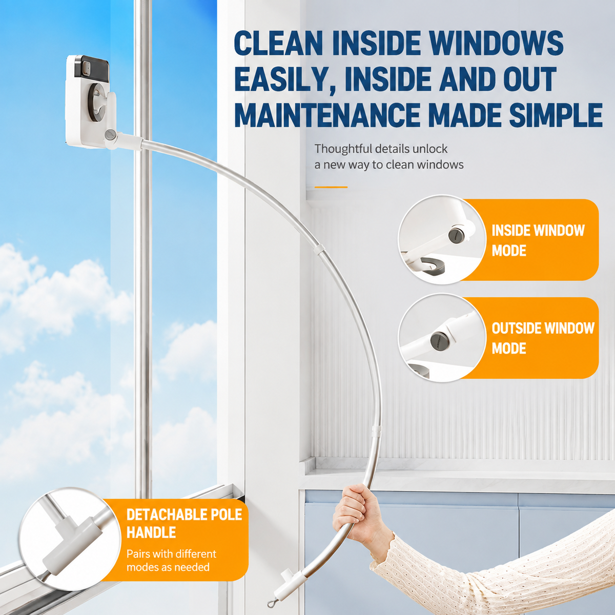 Lightweight Interior & Exterior Window Cleaner with 160CM Extendable Aluminium Pole & 8 Cleaning Pad - 2-in-1 360° Rotating Microfibre Scrubber and Squeegee for Most Household High Rise Windows