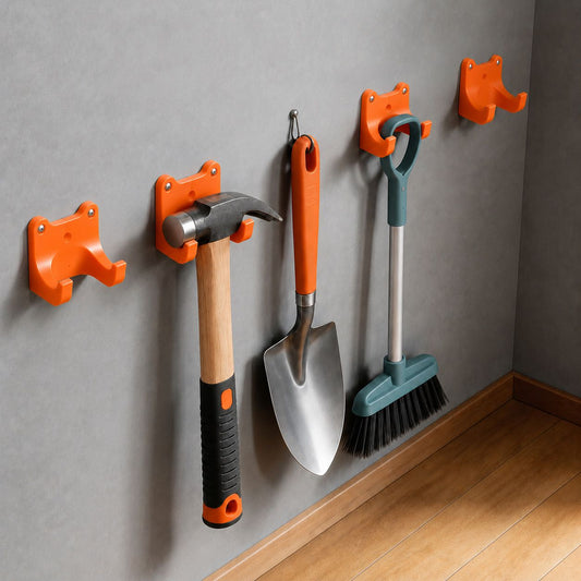 5PCS Orange Garden Tool Holder with Mounting Screws - Double Hooks Wall Storage Bracket, Compact Garden Tool Organiser for Shovels, Rakes and Hand Tools