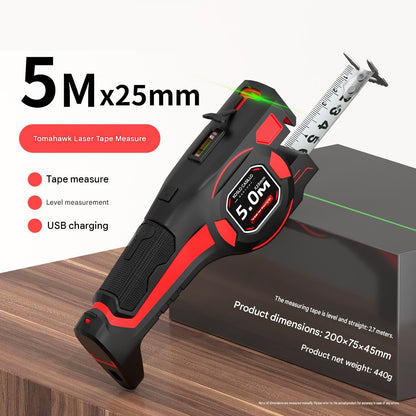 5M 3-in-1 Laser Tape Measure with Dual Laser Levels and Rechargeable Battery - 25mm Self-Locking Steel Blade, High Precision Digital Ranging Tool for Construction and Renovation