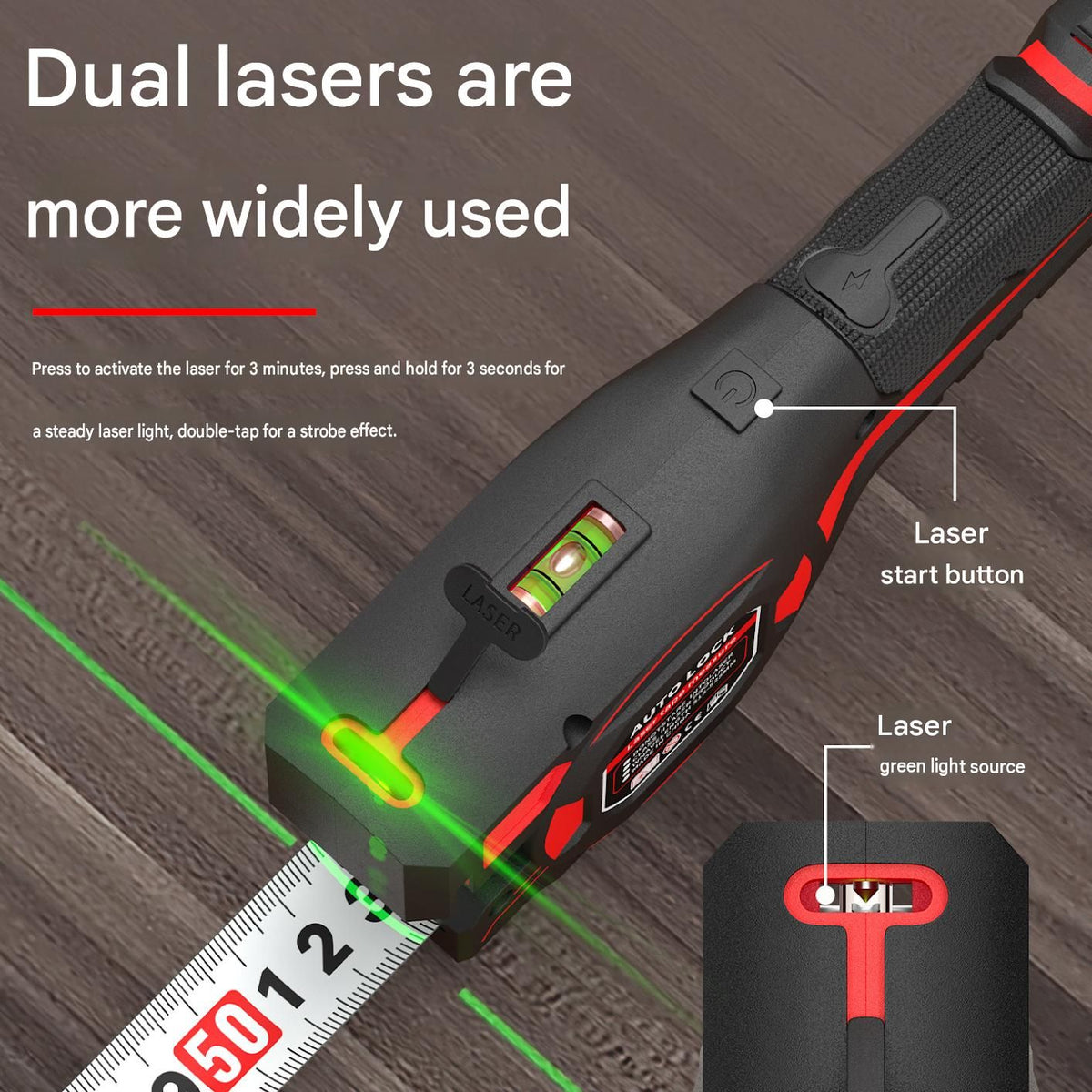 5M 3-in-1 Laser Tape Measure with Dual Laser Levels and Rechargeable Battery - 25mm Self-Locking Steel Blade, High Precision Digital Ranging Tool for Construction and Renovation