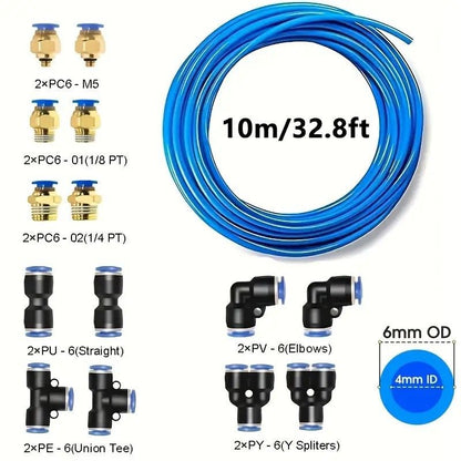 10M Pneumatic Air Hose Kit with 14pcs Quick Connect Push Fittings - Polyurethane PU Air Tubing (6mm OD x 4mm ID) and Straight Elbow Tee Y Splitter Connectors for Air Compressor Systems
