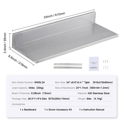 8.6" x 24" Stainless Steel Shelf, Wall Mounted Floating Shelving with Backsplash, 44 lbs Load Capacity Commercial Shelves, Heavy Duty Storage Rack for Restaurant, Kitchen, Bar, Home, and Hotel (2 Packs)