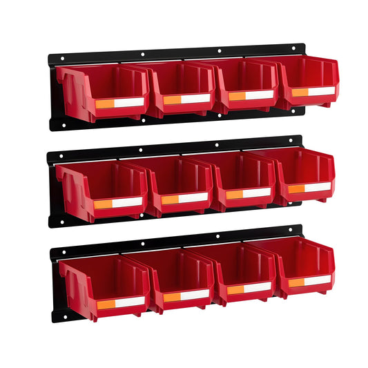 VEVOR Wall Mounted Storage Bins, 12 Plastic Bins & 3 Metal Rails, Plastic Hanging Stackable Storage Bin for Screws, Nuts, Bolts, Nails, Hardware Tool Organizer for Workshop, Craft Room, Garage, Red