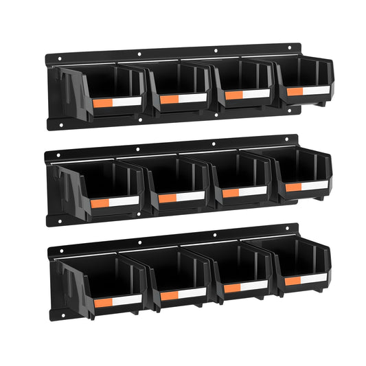VEVOR Wall Mounted Storage Bins, 12 Plastic Bins & 3 Metal Rails, Plastic Hanging Stackable Storage Bin for Screws, Nuts, Bolts, Nails, Hardware Tool Organizer for Workshop, Craft Room, Garage, Black