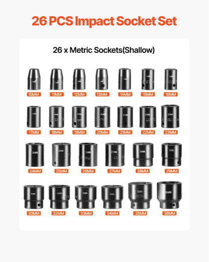 Impact Sockets Set 1/2 Inch Drive 26PCS Standard Length Impact Set 6-Point