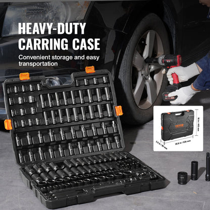 Impact Sockets Set 130PCS 6-Point 3/8" & 1/2" Drive Bit Ratchet Tool Kit