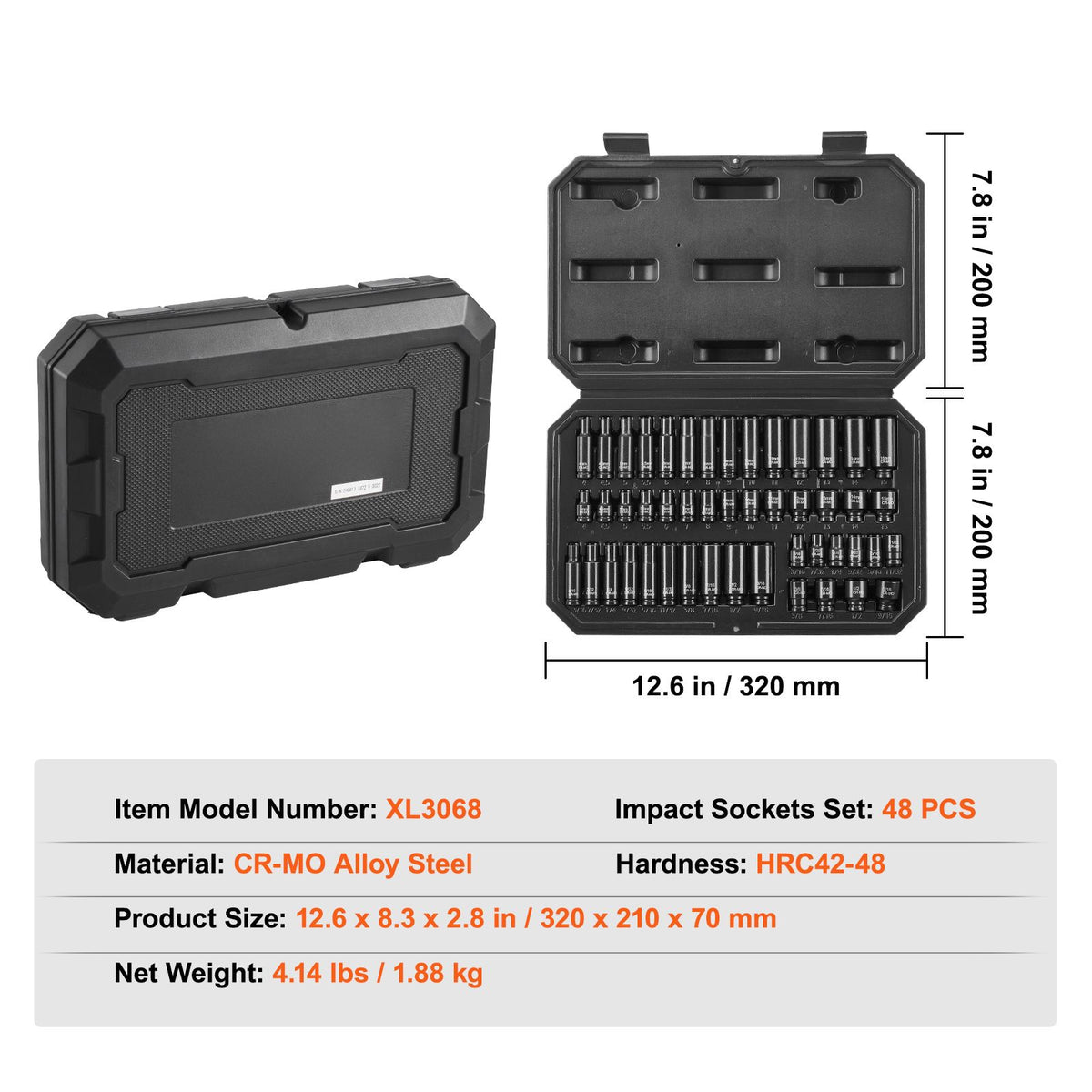 Impact Sockets Set 48pcs 6-Point 1/4" Drive Bit Ratchet Tool Kit Case