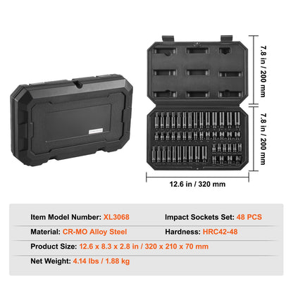 Impact Sockets Set 48pcs 6-Point 1/4" Drive Bit Ratchet Tool Kit Case