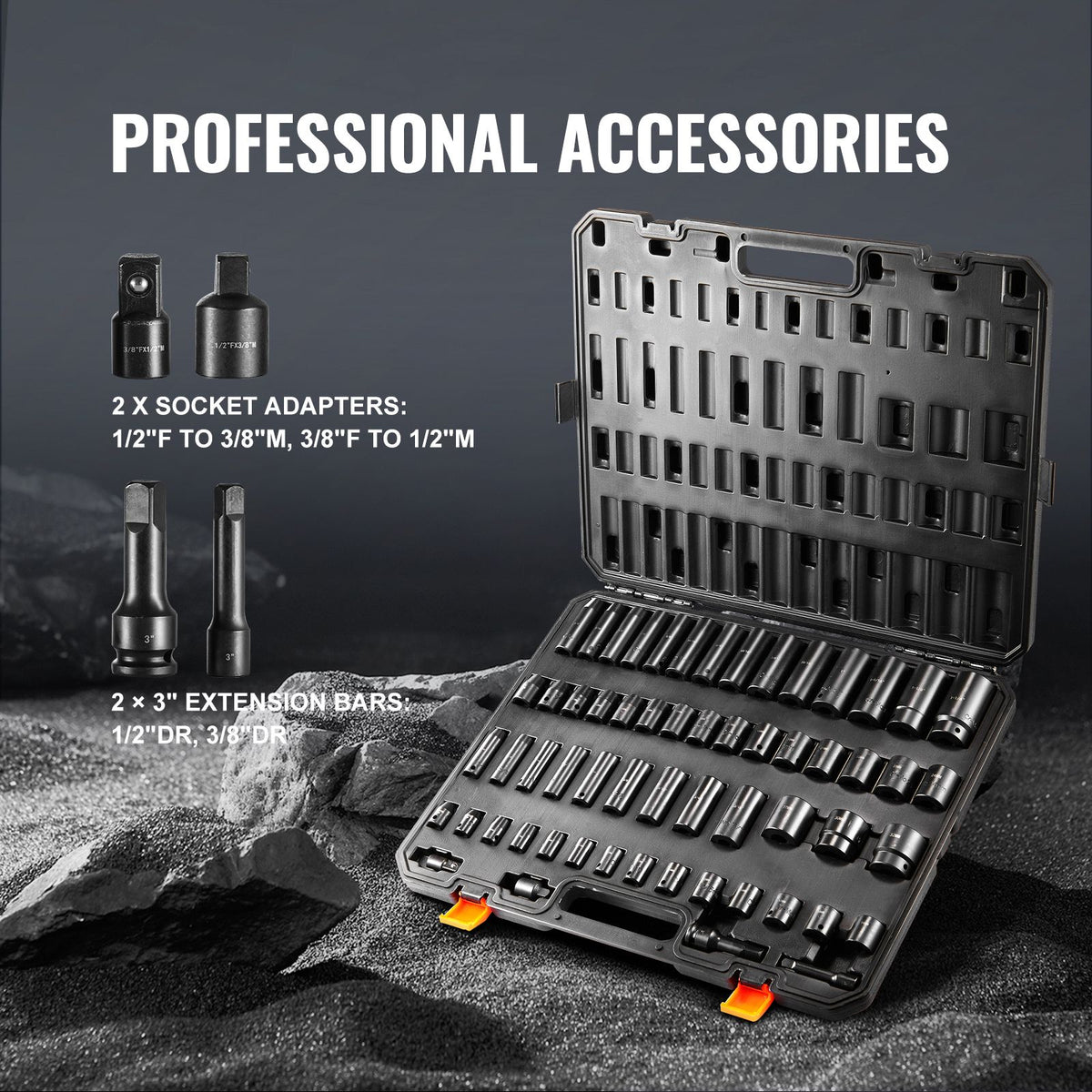 Impact Sockets Set 59pcs 6-Point 3/8" & 1/2" Drive Bit Ratchet Tool Kit