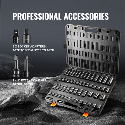 Impact Sockets Set 59pcs 6-Point 3/8" & 1/2" Drive Bit Ratchet Tool Kit