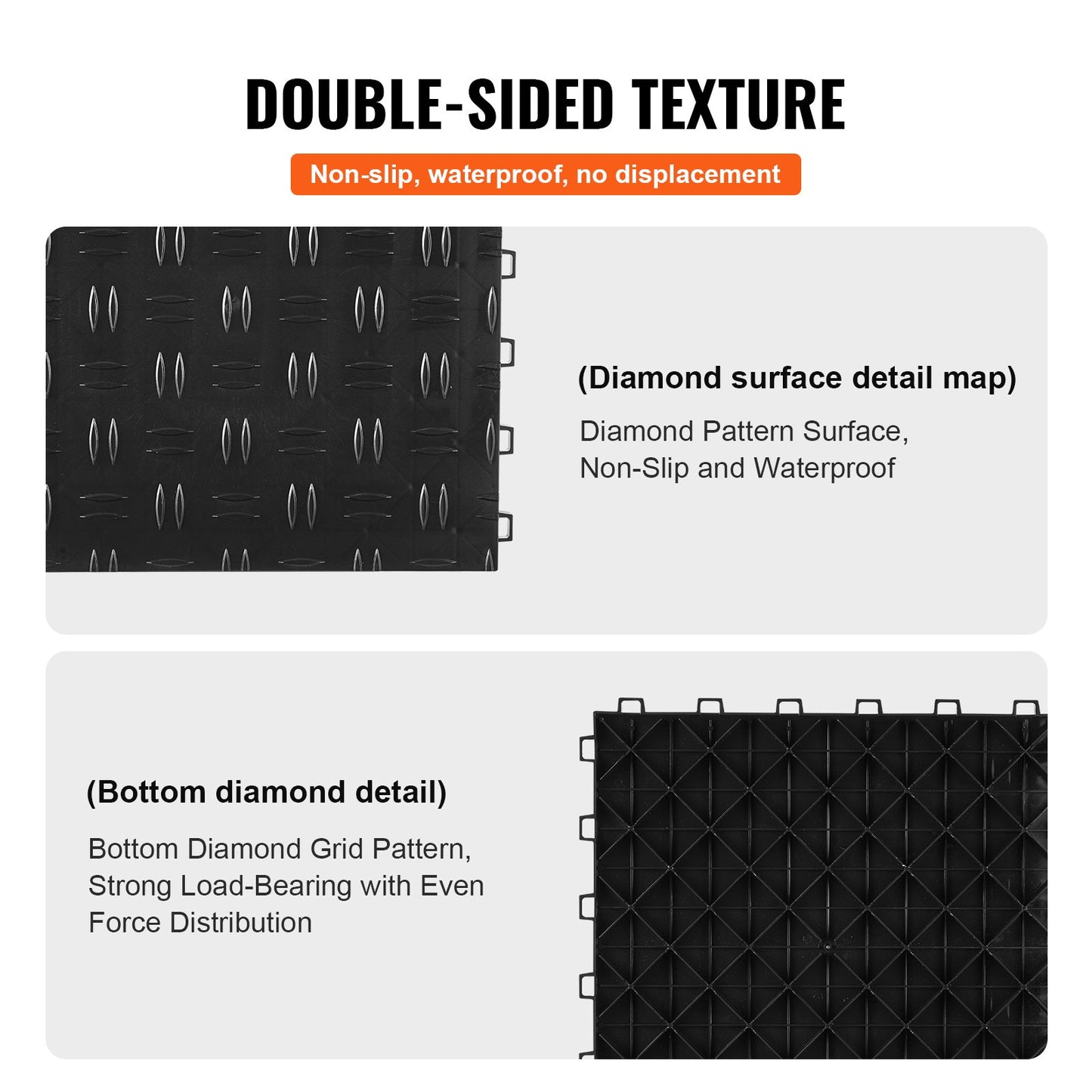 VEVOR Garage Tiles Interlocking, 12 x 12 x 0.53 inch 50 Pack Garage Floor Covering Tiles, Non-Slip Double-Sided Texture Garage Flooring Tiles, for Garages, Basements, Repair Shops, Black