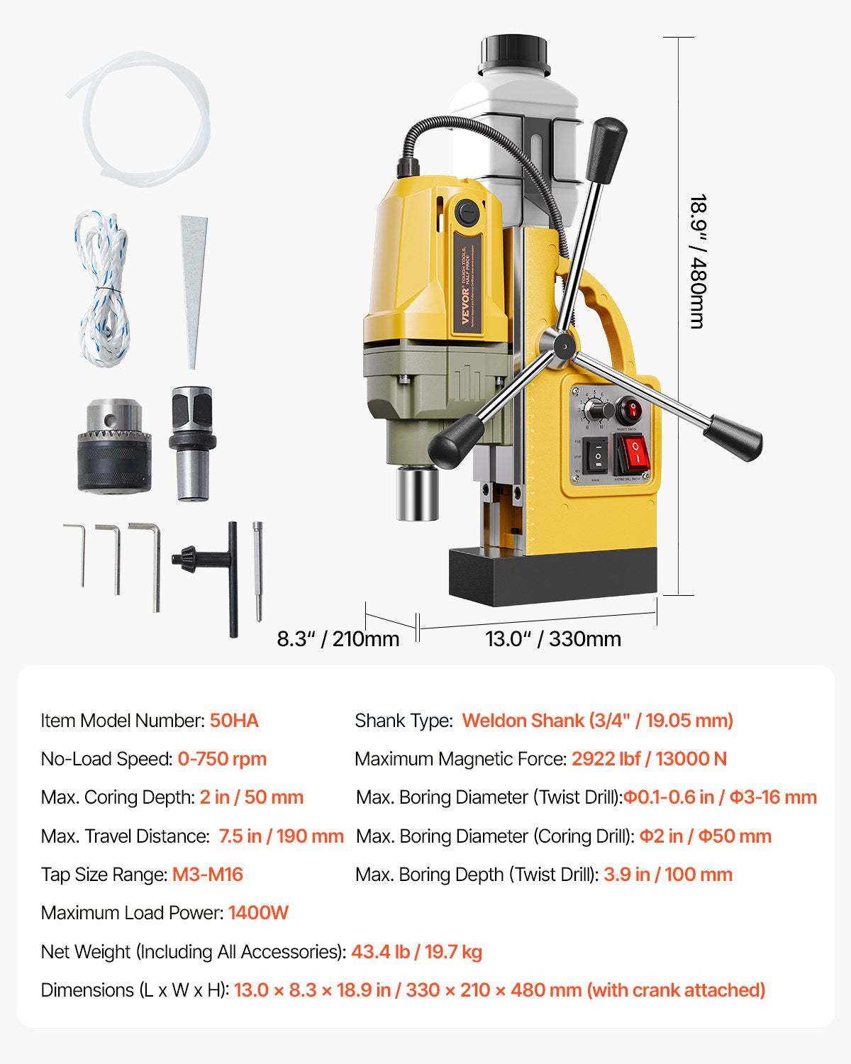 Magnetic Drill, 1400W Motor 2 in Boring Diameter, 2922 lbf Portable Electric Mag Drill Press, 0-750 RPM Variable Speed, Drilling Machine for Metal Surface, Industrial and Home Improvement