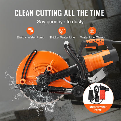 Electric Concrete Saw, 14 in, 2000 W Motor Circular Saw Cutter with Max. 5 in Adjustable Cutting Depth, Wet Disk Saw Cutter Includes Water Line, Pump and Blade, for Stone, Brick