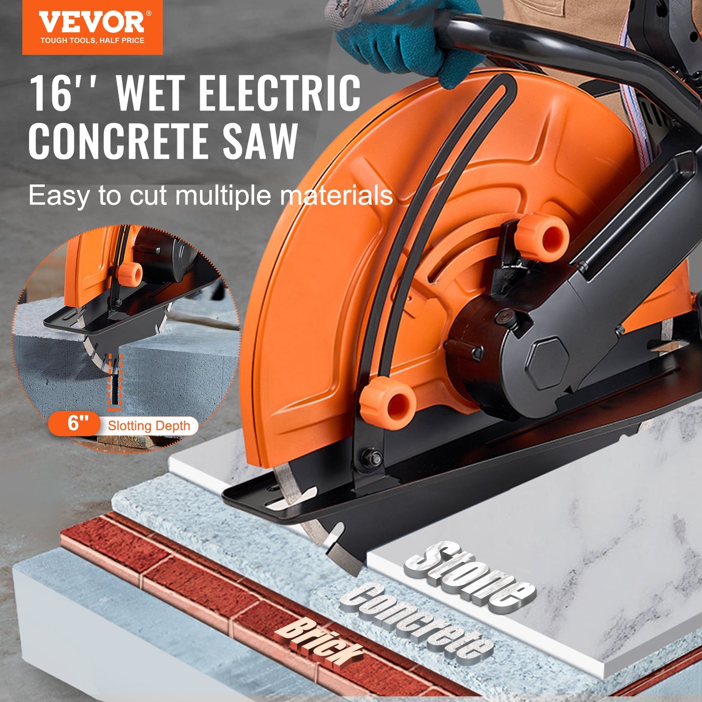 Electric Concrete Saw, 16 in, 2800 W 15 A Motor Circular Saw Cutter with Max. 6 in Adjustable Cutting Depth, Wet Disk Saw Cutter Includes Water Line, Pump and Blade, for Stone, Brick