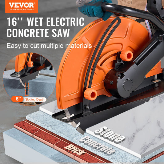 Electric Concrete Saw, 16 in, 2800 W 15 A Motor Circular Saw Cutter with Max. 6 in Adjustable Cutting Depth, Wet Disk Saw Cutter Includes Water Line, Pump and Blade, for Stone, Brick