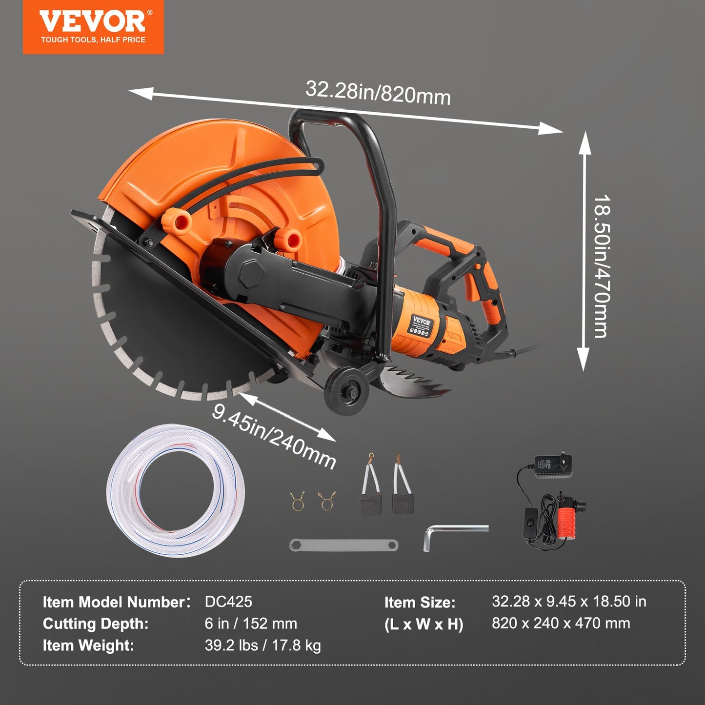Electric Concrete Saw, 16 in, 2800 W 15 A Motor Circular Saw Cutter with Max. 6 in Adjustable Cutting Depth, Wet Disk Saw Cutter Includes Water Line, Pump and Blade, for Stone, Brick