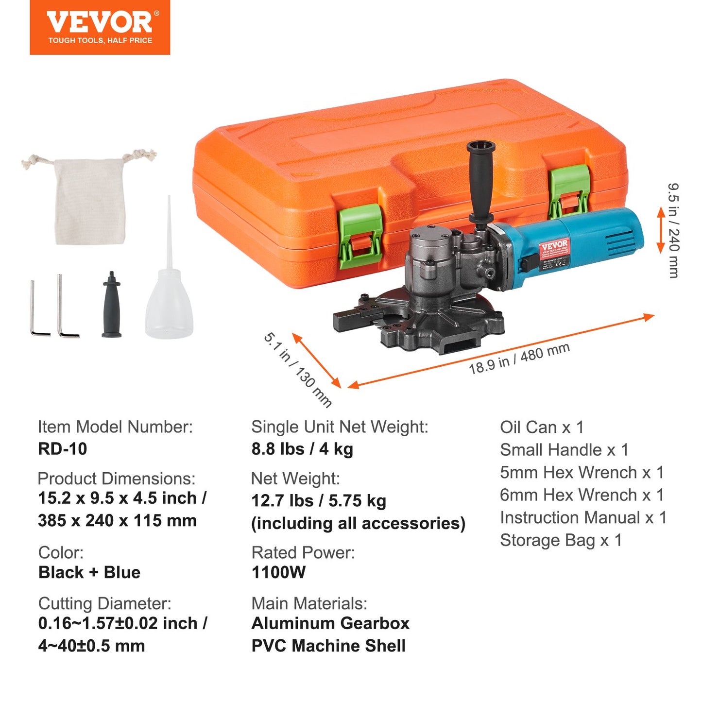 1100W Electric Rebar Cutter Cutting up to 3/2In 4-40mm