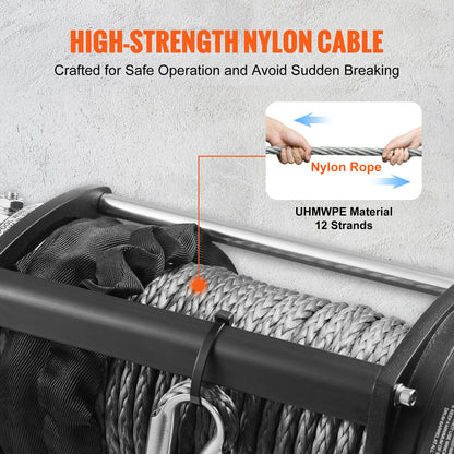 Electric Winch, 4536 kg Load Capacity Nylon Rope Winch, IP67 8.9 mm x 25.9 m ATV Winch with Wireless Handheld Remote & Hawse Fairlead for Towing Jeep Off-Road SUV Truck Car Trailer Boat
