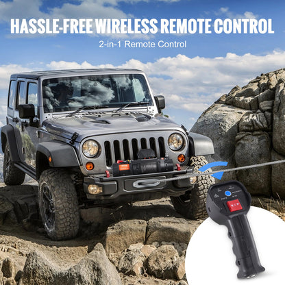 Electric Winch, 4536 kg Load Capacity Nylon Rope Winch, IP67 8.9 mm x 25.9 m ATV Winch with Wireless Handheld Remote & Hawse Fairlead for Towing Jeep Off-Road SUV Truck Car Trailer Boat