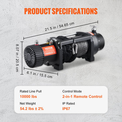 Electric Winch, 4536 kg Load Capacity Nylon Rope Winch, IP67 8.9 mm x 25.9 m ATV Winch with Wireless Handheld Remote & Hawse Fairlead for Towing Jeep Off-Road SUV Truck Car Trailer Boat