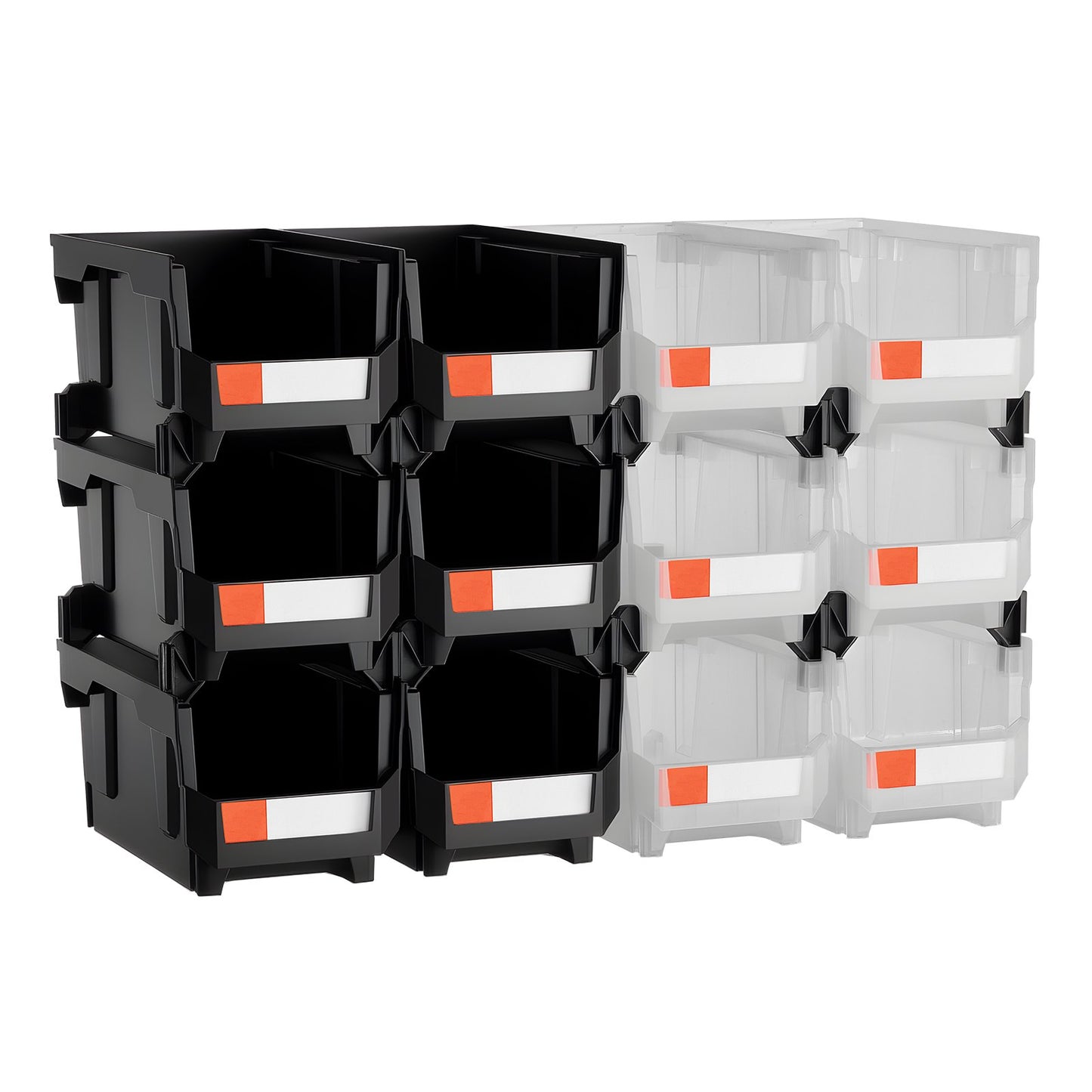 VEVOR Plastic Stackable Storage Bins, 37.7 x 21.5 x 18 cm (12 Pack), Plastic Containers for Organizing & Storage Bins for Garage, Small Parts, Office Supplies, Other Accessories, Black & Transparent