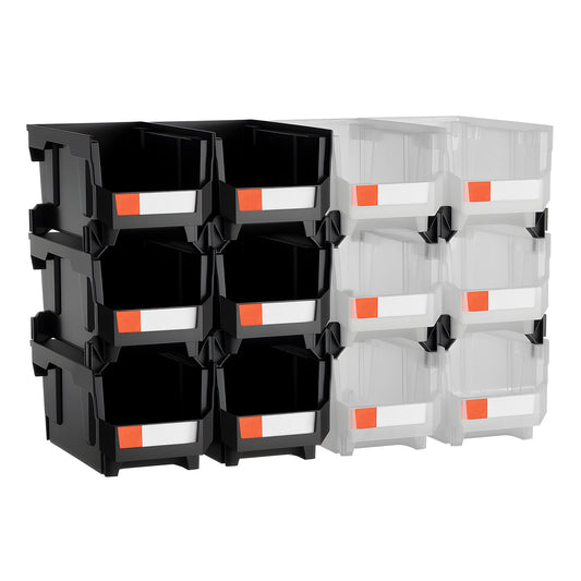 VEVOR Plastic Stackable Storage Bins, 37.7 x 21.5 x 18 cm (12 Pack), Plastic Containers for Organizing & Storage Bins for Garage, Small Parts, Office Supplies, Other Accessories, Black & Transparent